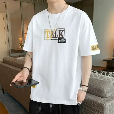 夏季薄款潮牌纯棉全棉圆领男士短袖T恤2023新款夏天情侣装上衣服商品大图