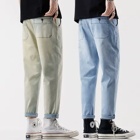 春秋款潮牌黄泥色浅色牛仔裤子男款直筒宽松男士休闲九分夏季男裤商品大图