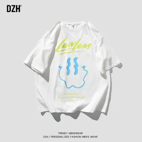 DZH白色印花t恤男潮牌宽松圆领纯棉短袖上衣服2023新款夏季男装商品大图