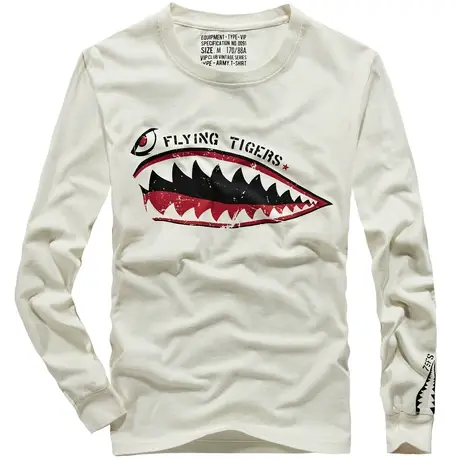 VIP飞虎队圆领长袖T恤男青年美式复古印花体恤纯棉卫衣打底衫潮牌图片