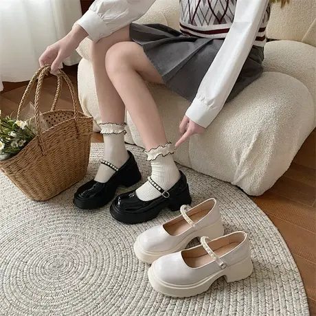 鞋子女新款2023年夏季爆款粗跟浅口珍珠复古风厚底高跟JK玛丽珍鞋商品大图