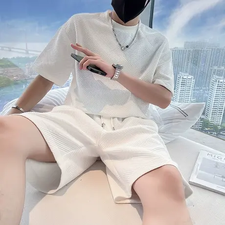 夏季男t恤短裤两件套短袖翻领修身纯色学生潮牌网红薄款运动套装图片