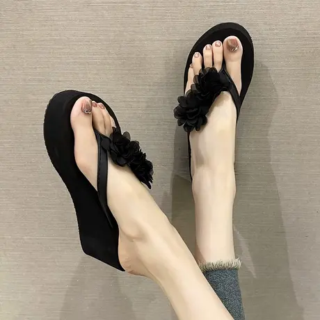 高跟人字拖女夏季时尚花朵夹趾坡跟厚底防滑ins潮沙滩外穿凉拖鞋商品大图