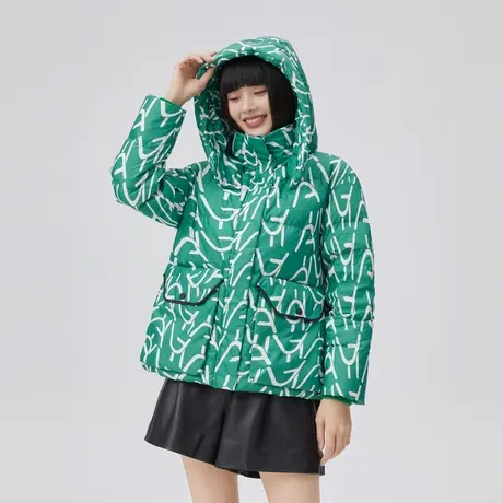 艾莱依秋冬季短款羽绒服女2022年新款时尚印花设计连帽鸭绒外套潮图片