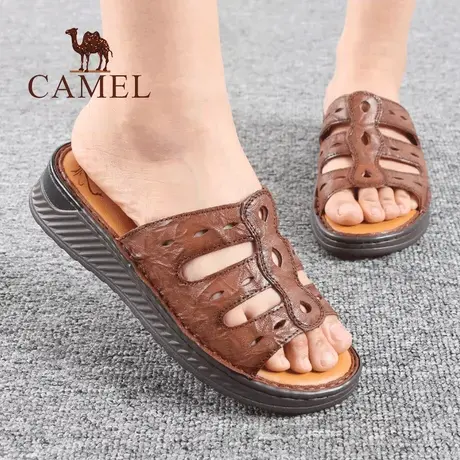 Camel/骆驼女鞋夏季新款真羊皮舒适透气中跟一字妈妈休闲凉拖鞋子图片