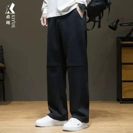 希越春季厚款羊毛毛呢休闲裤男春秋款宽松大码简约黑色直筒卫裤子图片