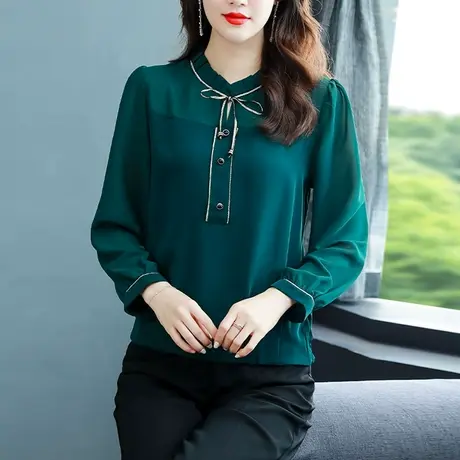 漂亮妈妈装雪纺衬衫女上衣2023秋装新款时尚长袖宽松遮肚打底衫女商品大图