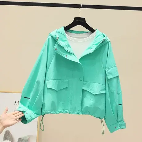 时尚百搭小个子短款连帽短外套女秋季新款纯色大口袋风衣上衣潮商品大图