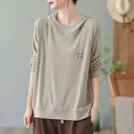 dza复古短款纯棉连帽T恤女士2023春秋内搭洋气上衣宽松长袖打底衫商品大图