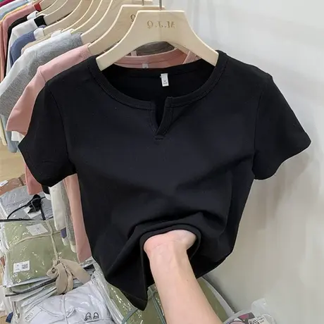 正肩独特别致短袖t恤女夏季新款甜辣修身设计感小众短款V领上衣潮商品大图