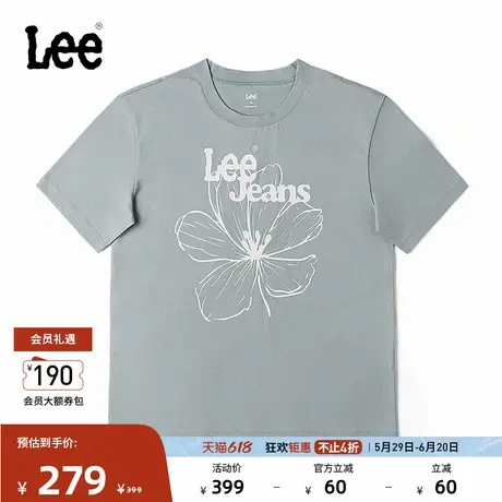 Lee商场同款舒适版男友风圆领花朵印花图案石灰色女士短袖T恤休闲商品大图