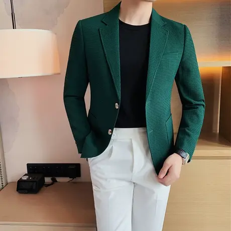 华夫格质感西装外套男2023新款高级感时尚休闲两粒扣修身西服上衣图片