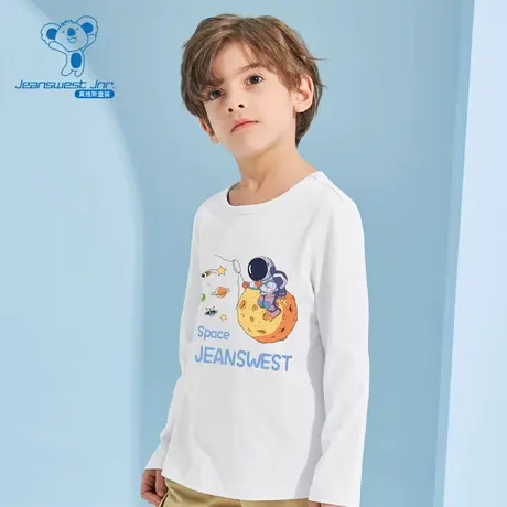 JU真维斯男童白色童装上衣体恤 儿童春秋季大中童圆领印花长袖T恤商品大图