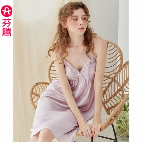 芬腾吊带睡裙女夏季冰丝薄款带胸垫睡衣裙性感纯欲蕾丝法式家居服图片