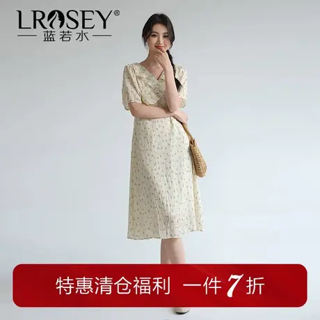 蓝若水大码女装V领荷叶边碎花裙夏季新品胖mm遮肚显瘦肌理连衣裙图片