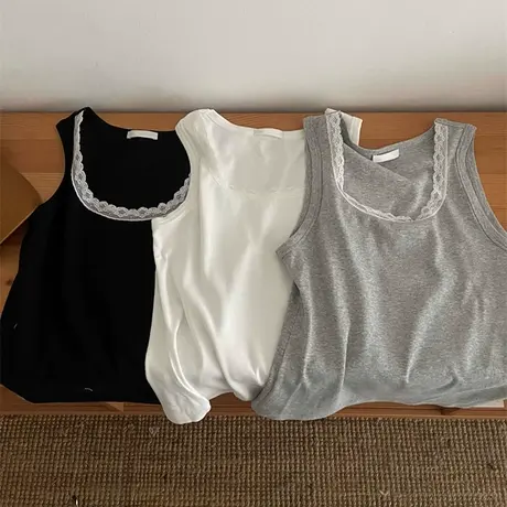 U领正肩蕾丝花边吊带背心女夏季韩版修身设计感小众无袖T恤上衣潮图片