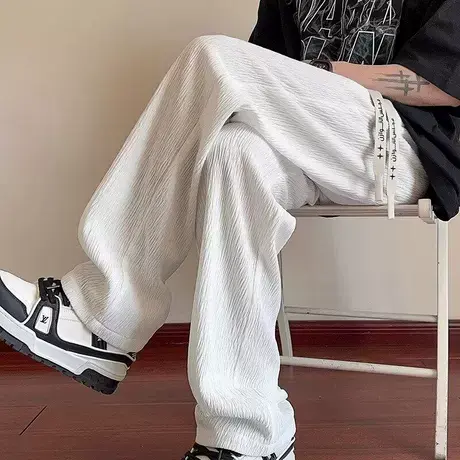 垂感直筒裤子男款夏季薄潮流冰丝长裤大码宽松白色阔腿休闲裤男士商品大图