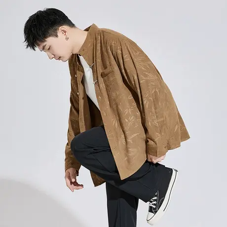 唐狮春新款男长袖衬衫立领新中式暗纹盘扣宽松灯芯绒衬衣外套图片