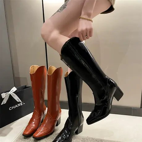 粗跟西部牛仔靴女2023新款春秋复古高跟设计感小众尖头v口长筒靴商品大图