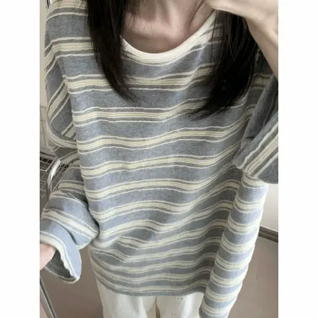 春秋季2025新款长袖T恤女韩版宽松显瘦打底衫外穿内搭条纹上衣服商品大图