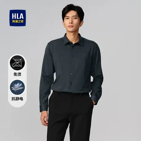 HLA/海澜之家内里磨绒长袖衬衫25秋冬新款时尚翻领刺绣免烫衬衣男图片