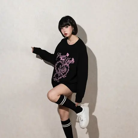 YEP发泡印花卫衣女春秋2025年新款复古套头宽松无帽上衣加绒加厚商品大图