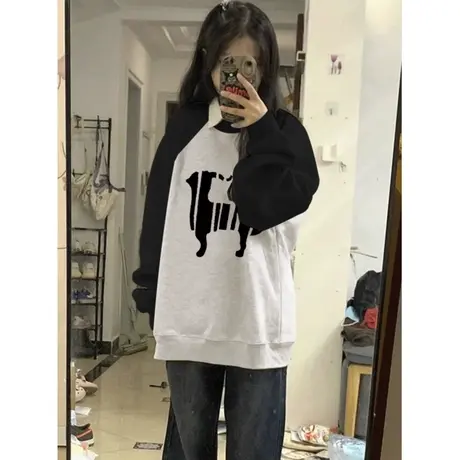 chic复古港味无帽圆领卫衣女秋季韩版洋气减龄百搭宽松薄款上衣服商品大图