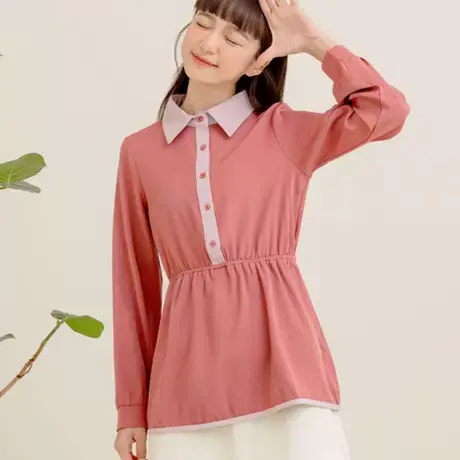 桔熊春秋季韩版通勤撞色长袖衬衫收腰上衣女裝胖妹妹大码AB16241商品大图