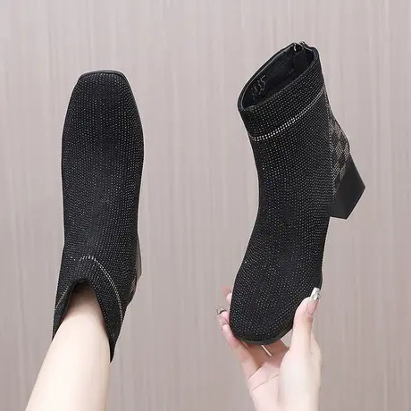 2023时尚磨砂中跟大码加肥加宽女靴41一43加绒秋季新款粗跟短靴商品大图