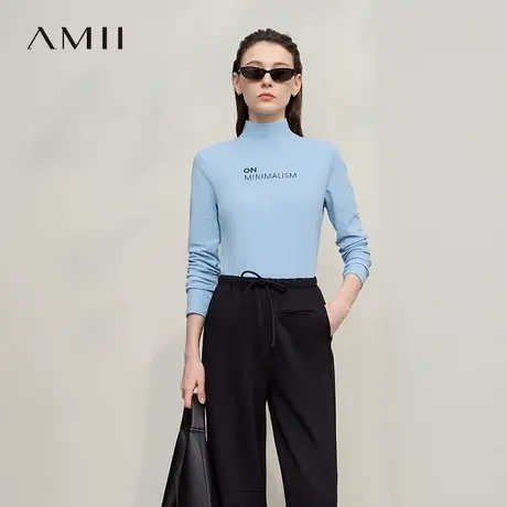 Amii2025秋新款极简通勤百搭高领修身弹力字母绣花长袖T恤女商品大图