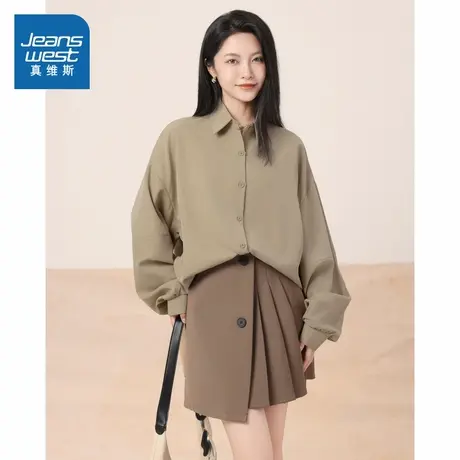 LE真维斯女装通勤翻领长袖衬衫 2025秋季新品 女式前短后长衬衣商品大图
