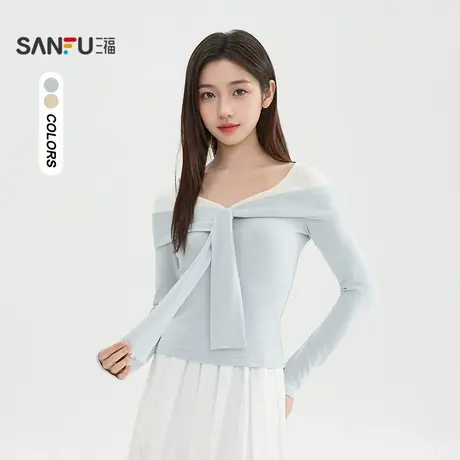 三福长T恤2025秋季都市气质绑带合身假两件上衣女装511067商品大图