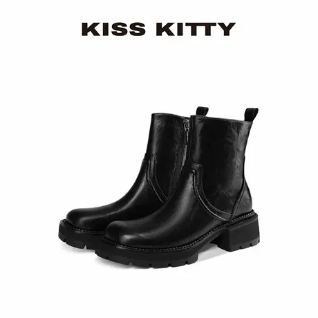 【呼呼专享】KISSKITTY英伦风切尔西女靴秋冬新款黑色绒里烟筒短商品大图