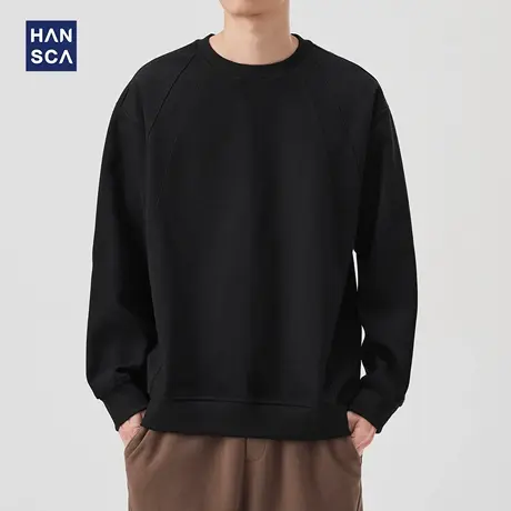 hansca380g重磅纯色拼接插肩袖卫衣男士2025秋季新款复古休闲上衣商品大图
