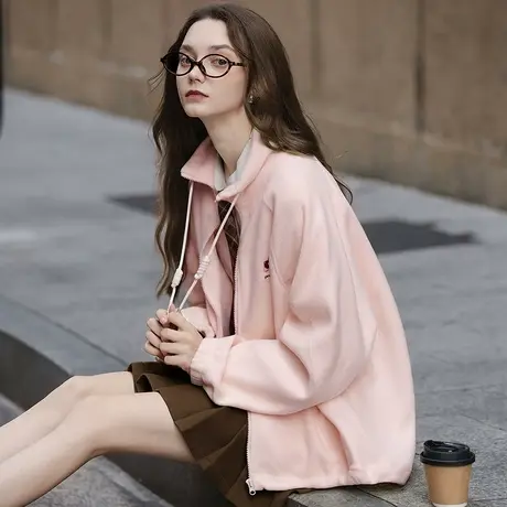 唐狮秋冬季短款外套摇粒绒女士厚立领米白色宽松休闲风百搭TUTA图片