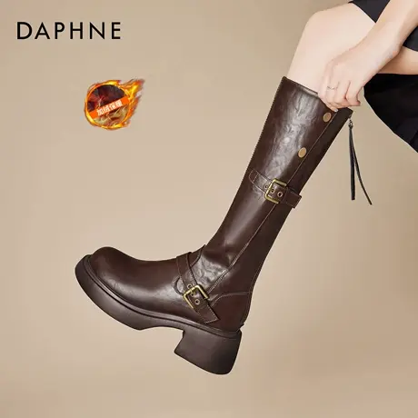 达芙妮棕色长筒靴女2026新冬季美拉德厚底加绒牛仔靴巨好看高筒靴商品大图