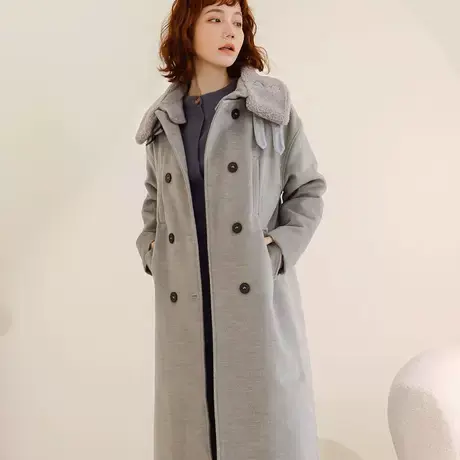 桔熊秋冬季通勤可拆式绒毛领保暖夹棉毛呢料风衣外套女大码EA3430图片