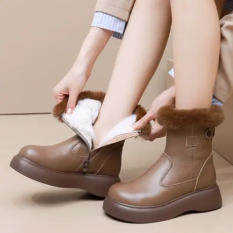 2023厚底真皮大码女靴41一43秋季新款翻毛皮保暖羊毛软皮软底棉靴商品大图