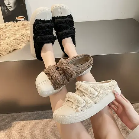 魔术贴羊羔毛毛半拖鞋女外穿2023新款厚底包头棉拖秋冬分趾猪蹄鞋图片