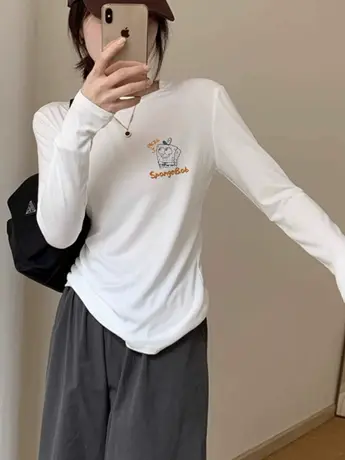 白色仿棉女士内搭打底衫2023新款秋冬季加绒时尚洋气长袖t恤上衣图片