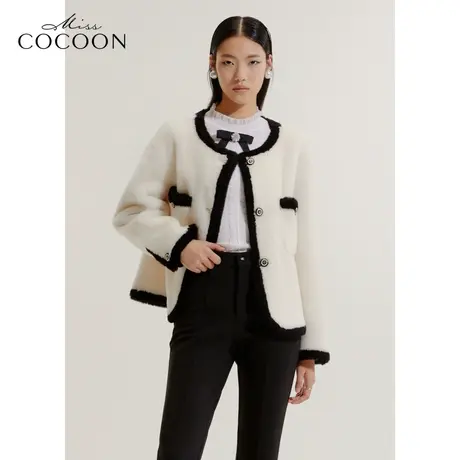COCOON商场同款2023秋冬新款小香风绵羊毛黑白撞色毛呢短外套商品大图