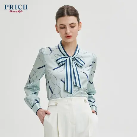 PRICH衬衫新款优雅气质职场ol通勤印花系带领上衣女图片