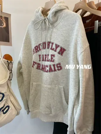 五色入 韩国 字母连帽加绒加厚卫衣女秋冬宽松慵懒风休闲帽衫外套商品大图