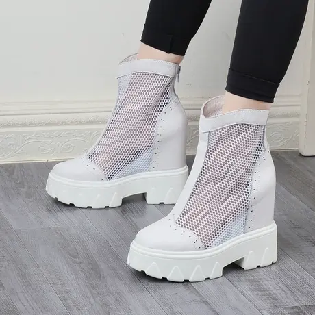 透气薄款马丁靴女小个子内增高12cm白色真皮厚底高帮镂空夏季网靴商品大图