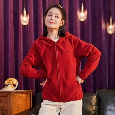 唐狮红色连帽拉链外套女冬装韩版宽松ins潮慵懒百搭风开衫卫衣商品大图