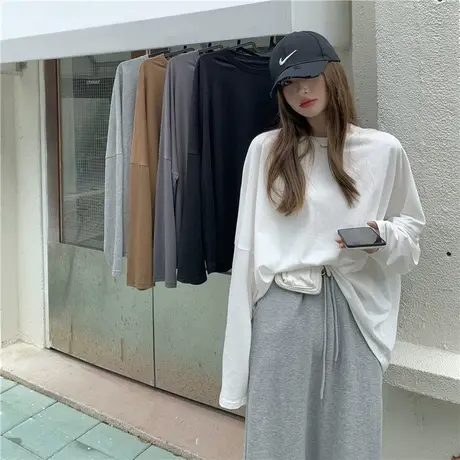 白色长袖t恤女装ins潮2024年新款韩版宽松早春秋上衣服内搭打底衫商品大图