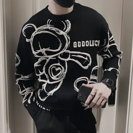 针织毛衣男冬季2023新款趣味小熊提花设计感ins青年轻熟线衣男装商品大图