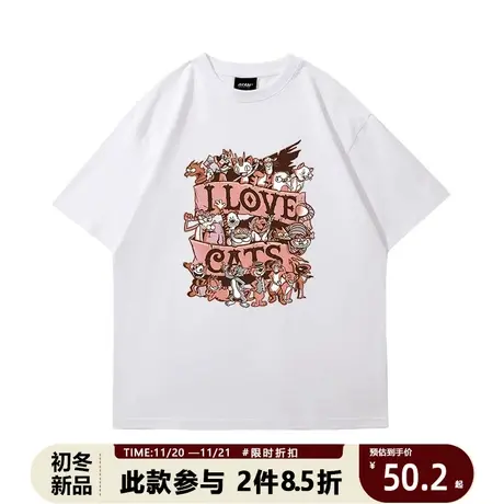美式复古卡通猫印花T恤嘻哈街头百搭宽松休闲ins国潮纯棉短袖夏商品大图