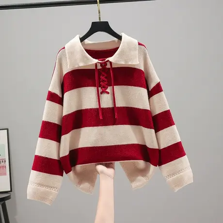 2023春秋新款韩版宽松女士针织衫毛衣上衣polo长袖套头条纹打底衫商品大图