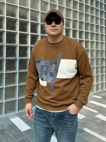 大依无忧秋新款大码男装拼接花布大号潮胖子加肥加大圆领长袖卫衣商品大图